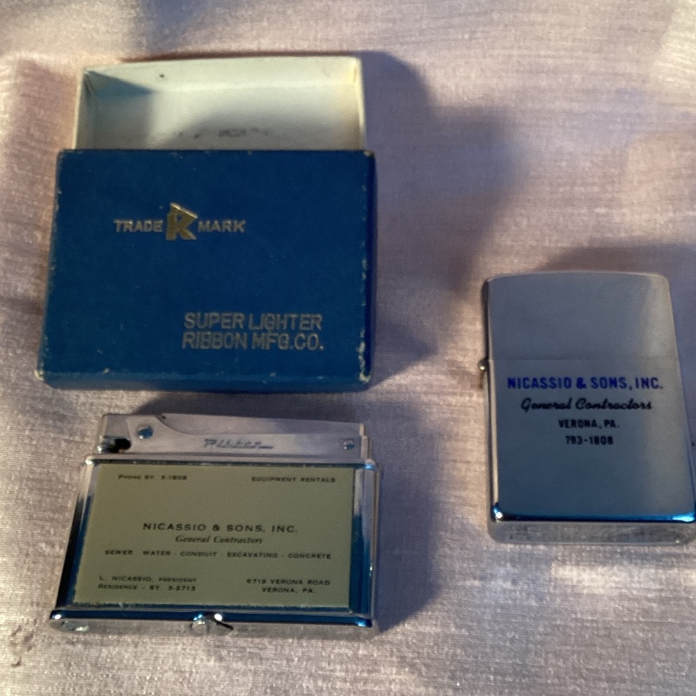 Silver and Blue Ribbon Lighter Set, Nicassio & son’s advertisement